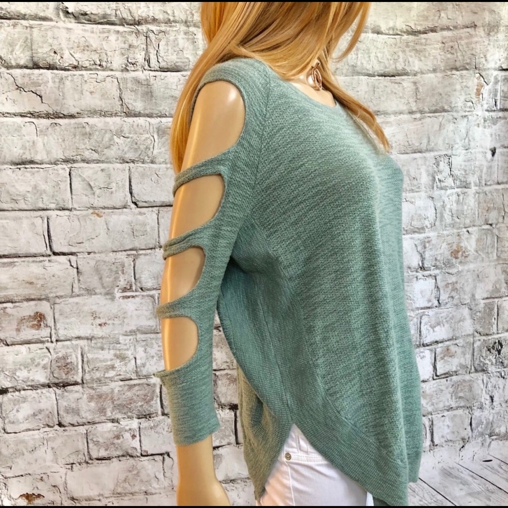 Express Pale Green Cold-Shoulder Tunic Sweater - Picture 5 of 8